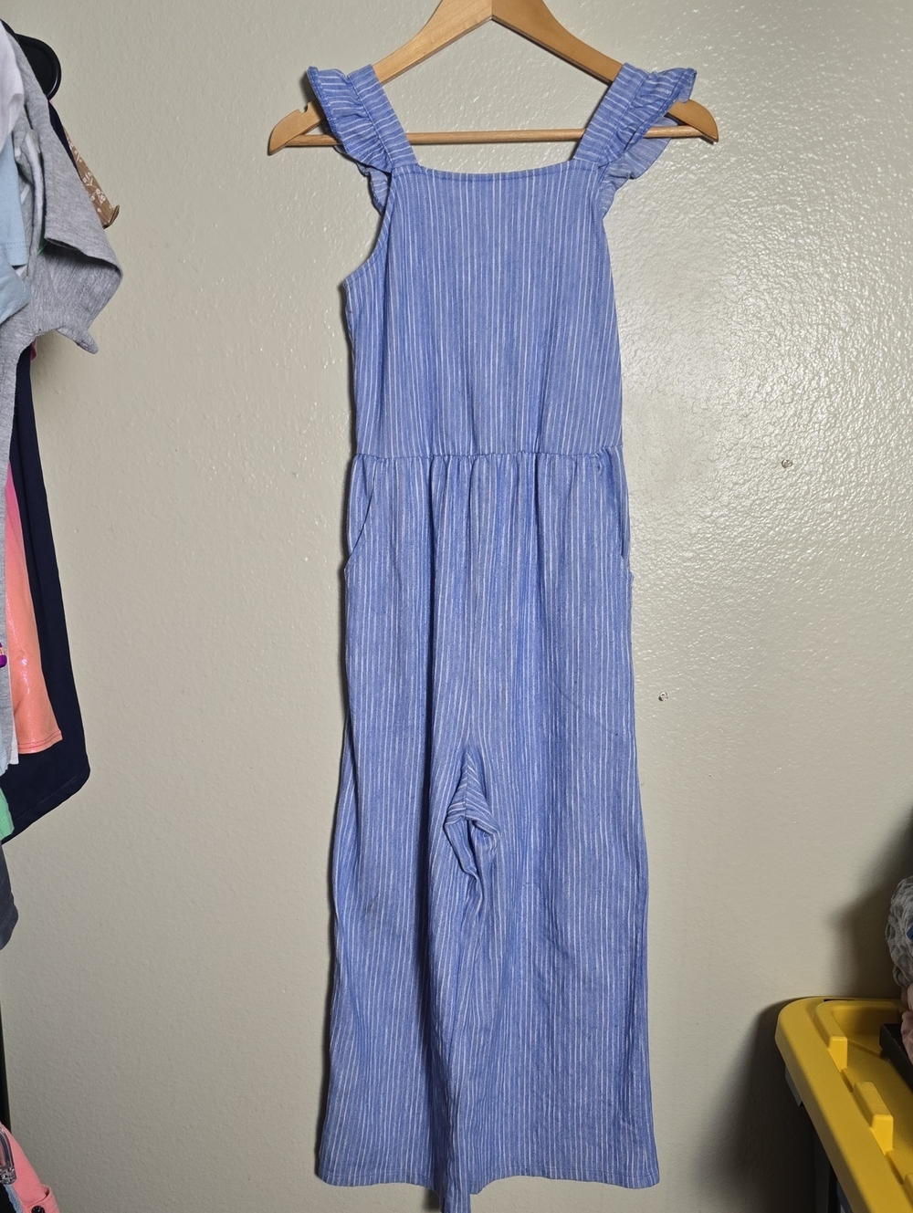 Cat & Jack Blue and White Striped Ruffle Strap Jumpsuit